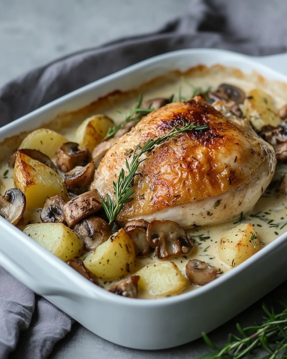 Herb Roasted Chicken in Creamy White Sauce with Mushrooms and Potatoes